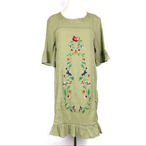 NWT ODDY Olive Green Embroidered Ruffled Boho Mini Dress